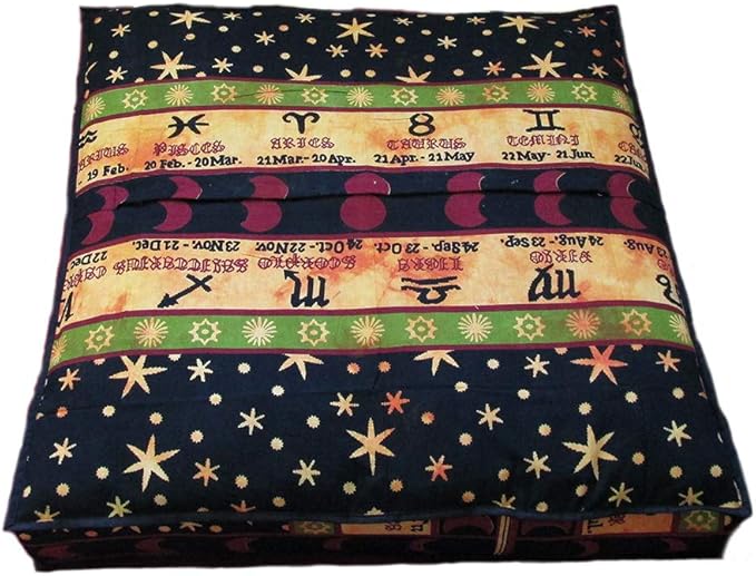 ICC Large Square Floor Pillow Cover Hippie Ottoman Pouf Cover Daybed Cotton Mandala Cushion Cover with Heavy Duty Zipper Seating Ottoman Poufs Dog-Pets Bed (Yellow Zodiac, 35" Square)