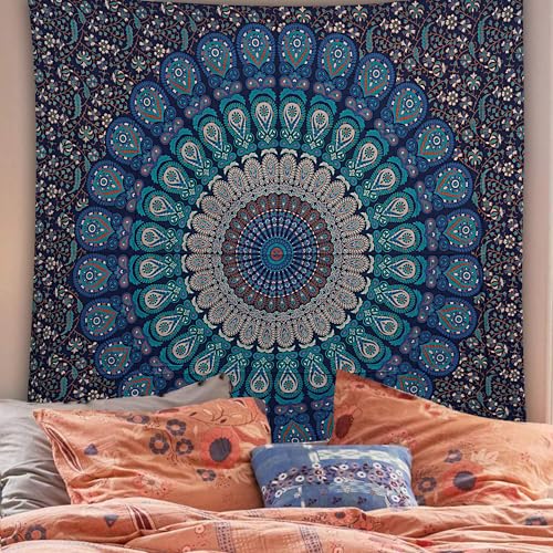 FURNISHFUL FINESSE Handmade Cotton Peacock Mandala Tapestry - Navy Blue & Green Ombre Boho Wall Decor, Bohemian Hippie Room Hanging for Bedroom & Living Room - 60x50 Inches - color: Navy Blue, size: 60"L x 50"W