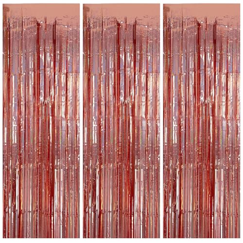 3 Pack Rose Gold Fringe Curtain Backdrop Birthday Bachelorette Party Decorations Metallic Tinsel Streamers Foil Backdrop Christmas Graduation Wedding New Year Party Decorations - color: Rose gold