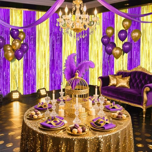 TONIFUL 2Pcs Purple and Gold Fringe Backdrop Curtain 2026 Graduation Parties Metallic Tinsel Foil Fringe Photo Booth Backdrop Door Streamers for Birthday Bachelorette New Year Party Decorations - color: Purple Gold
