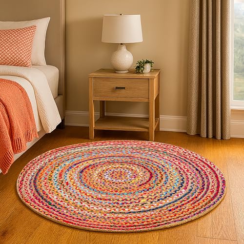 Hausattire Bohemian Braided Rug 4' Round - Multi Color, Circle Farmhouse Jute Cotton Area Rag Rug for Kitchen, Kids Bedroom, Playroom | Colorful Hand Woven Reversible Pet Friendly Carpet - color: Multi Color, size: 4' (Round)