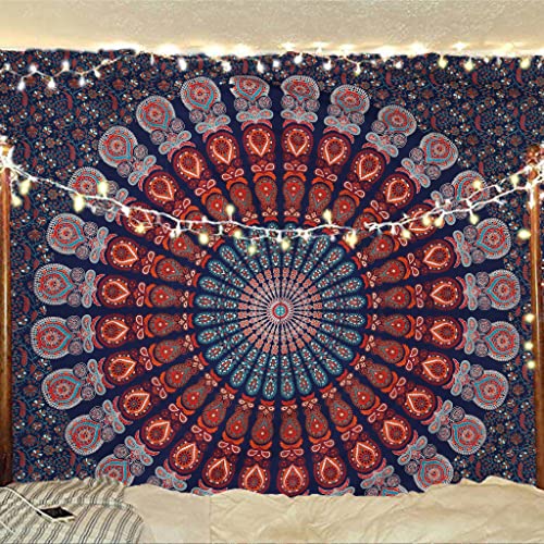 Bless International Handmade Indian hippie Bohemian Psychedelic Peacock Mandala Wall hanging College Dorm Beach Throws Table Cloth Bedding Tapestry (Golden Blue White, King(88x104Inches)(225x265Cms)) - color: Golden Blue White, size: 104"L x 88"W