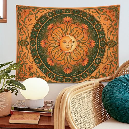 Water Lily and Sun Orange Green Tapestry, Floral Mandala Bohemian Decorative Wall Hanging, Aesthetic Tapestries for Living Room, Bedroom, Meditation 48x36 Inch - size: 48x36 Inch