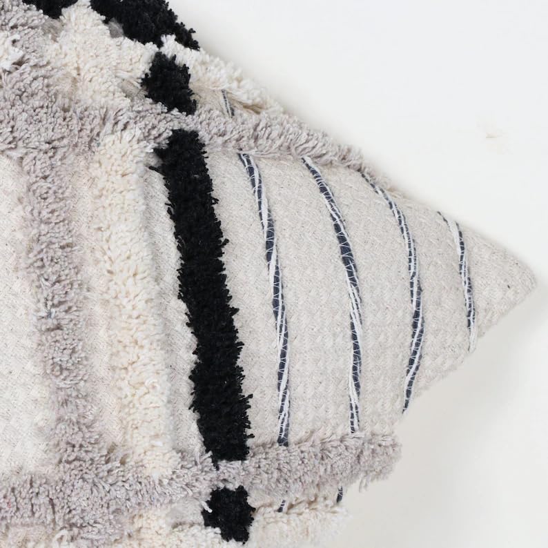 Boho Shaggy Tufted Throw Pillow Cover, Geometric Plaid Woven Decorative Cushion Case, Black Grey Off White Textured Square Pillowcase for Couch Sofa Home Decor, Pillow Insert Not Included