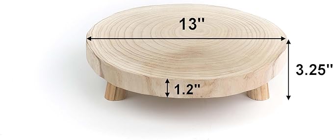 CYS EXCEL 2 Pcs Wooden Plant Stands Modern Raised Display Risers for Indoor Planters Round Natural Wood Slice Pedestals with Short Legs for Tabletop Decor Rustic Boho Home Accent, 13 Inch Diameter