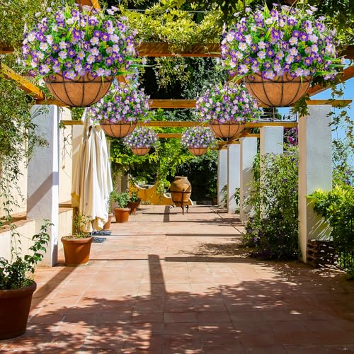 Ouddy Decor Artificial Hanging Flowers with Basket, Faux Silk Flowers in Coconut Lining Basket, Spring Summer Outdoor Decor Fake Hanging Plants for Garden Patio Yard Porch Lawn, Purple - color: Purple