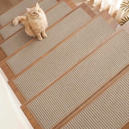 15PC Jute Stair Treads for Wooden Steps-Non Slip Peel and Stick Stair Treads Indoor, Adhesive Staircase Step Treads Residue Free, Cat-Friendly & Scratch-Resistant Durable Stair Runner Rug,8"x30" Beige - size: 8"x30"