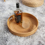 Round Rattan Serving Tray Decorative Woven Ottoman Trays with Handles for Coffee Table Natural (Small 11.8 inch x 2 inch)