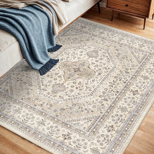 4X4 Square Rug for Living Room - Washable Kitchen Area Rug with Non Slip Rubber Backing for Bedroom Indoor Soft Stain Resistant Carpet Desk Rug for Pet-Friendly and Kitchen Decor Beige/Gray - color: Beige/Gray, size: 4' x 4' (Square)
