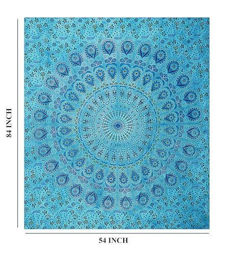 FURNISHFUL FINESSE Handmade Cotton Peacock Mandala Tapestry - Vibrant Turquoise Ombre Boho Wall Decor, Bohemian Hippie Room Hanging for Bedroom & Living Room - 54X84 Inches - color: Turquoise, size: 84"L x 54"W