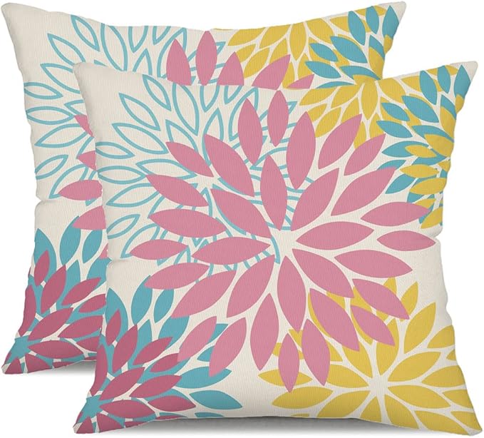 DFXSZ Pink Yellow Blue Flower Pillow Covers 18x18 Inch Set of 2 Outdoor Throw Pillows Outdoor Waterproof Decor for Living Room Sofa Patio Funiture Garden Floral Polyester Pillow Covers 012A18