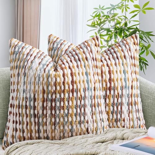 AmHoo Set of 2 Boho Chenille Pillow Cover Decorative Tufted Pillowcase for Couch Bed Sofa Bedroom Living Room Modern 18 x 18-Inch Brown - color: Brown, size: 18" x 18" (Pack of 2)