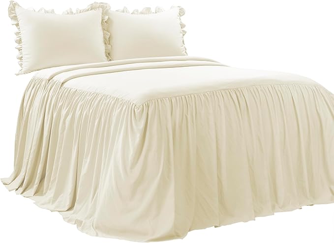 Lush Decor Ruffle Skirt Bedspread Set - 3-Piece Luxurious Farmhouse Bedding - Elegant Ruffle Detail - Timeless Style - Soft Lightweight Sheets - Queen, Ivory