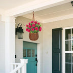 Artificial Rose Flowers with Hanging Woven Basket, Faux Blooming Roses in Fake Rattan Planter with Rope, Romantic Floral Arrangement for Home Bedroom Porch Patio Balcony Summer Wedding Decor, Pink