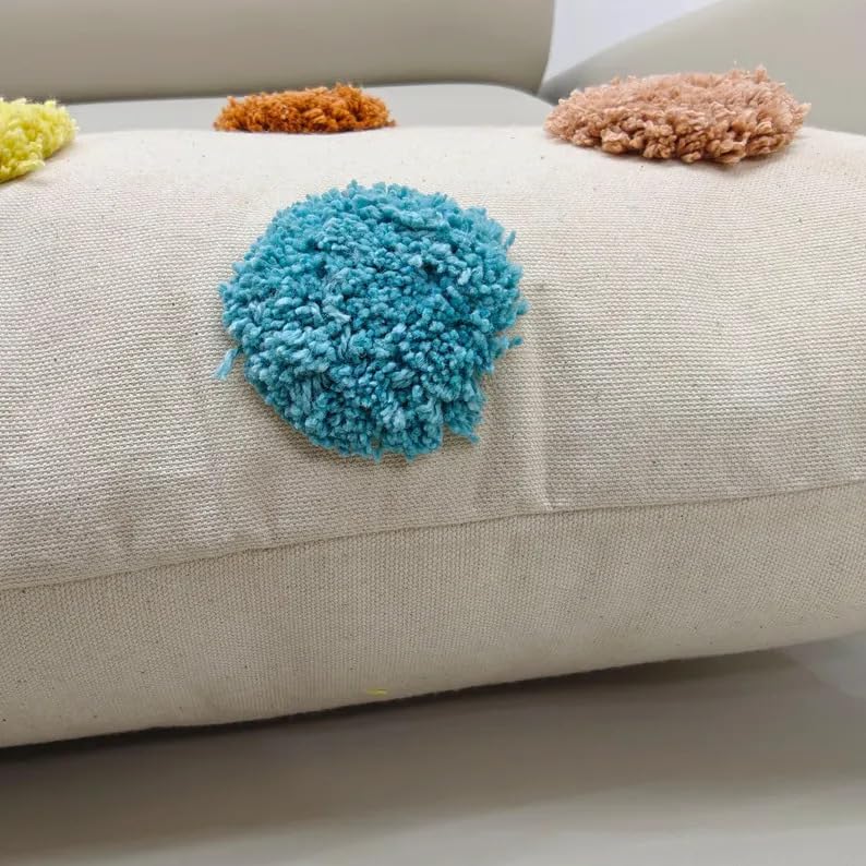 14x20 Multicolor Tufted Polka Dot Pillow Cover, Cream Cotton Boho Cushion Case