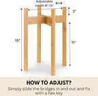 Fox & Fern Adjustable Tall Plant Stand Indoor — 8 to 12 Inch Mid Century Bamboo Plant Stand with Adjustable Width - Plug In Design - Easy to Assemble - Two Heights - For 8, 9, 10, 11 & 12 In Pots