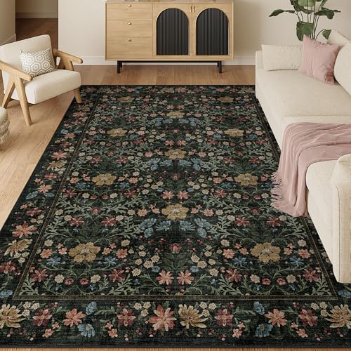 DUKINO 6x9 Rugs for Living Room, Vintage Washable Rug with Non Slip Backing, Floral Low Pile & Non-Shedding Large Area Carpets for Bedroom, Dining Room, Farmhouse, Home Office, Black - color: Black, size: 6' x 9' (Rectangular)