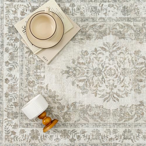 PureCozy 2x6 Runner Rug Beige Washable Hallway Kitchen Bedroom Vintage Distressed Bathroom Non Slip Medallion Floral Carpet Indoor Retro Throw Floor Mat for Office Dining Laundry Living Room - color: Vintage Beige/Cream, size: 2' x 6' (Runner)