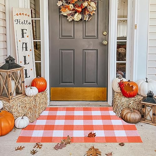Ckorzen Fall Plaid Rug 28" x 43", Orange and White Buffalo Check Front Porch Outdoor Layered Doormat, Cotton Hand-Woven Washable Rug for Halloween Thanksgiving Autumn Decor - color: Orange & White, size: 2'4" x 3'7" (Rectangular)