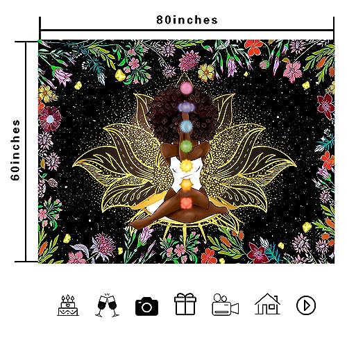 Ine Ive African Chakra Tapestry African American Woman Zen Meditation Tapestries 80x60 Inch Starry Sky Flower Garden Inspirational Afro Yoga Wall Art for Bedroom Dorm Decor - size: 80"L x 60"W