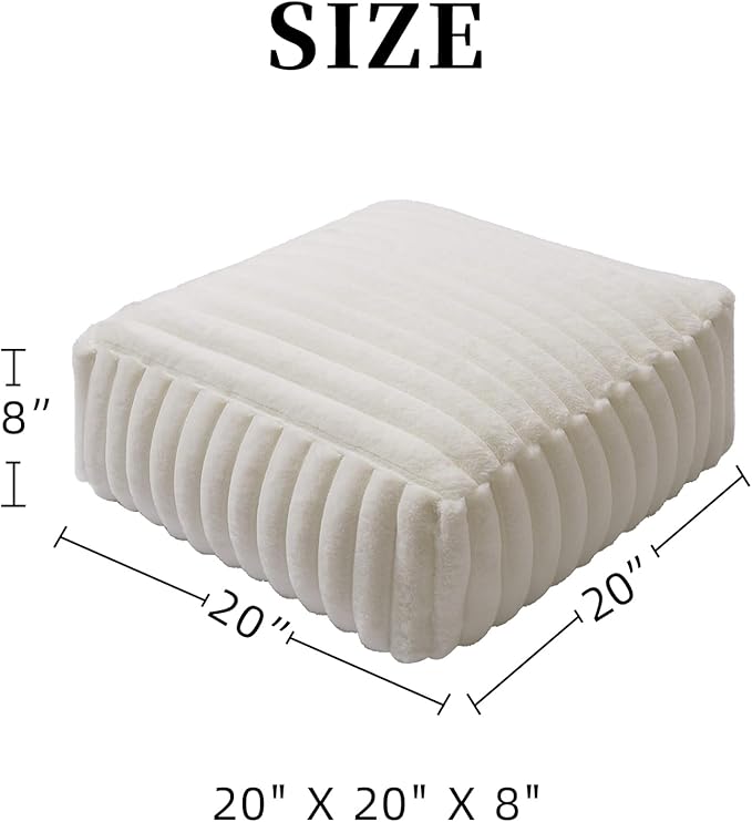 Unstuffed Pouf Ottoman Cover Soft Storage Extra Seat Farmhouse Comfortable Bohemian Poufs Accent Footrest 20x20x8 Inches for Living Room Bedroom Study Nook (White, Square)