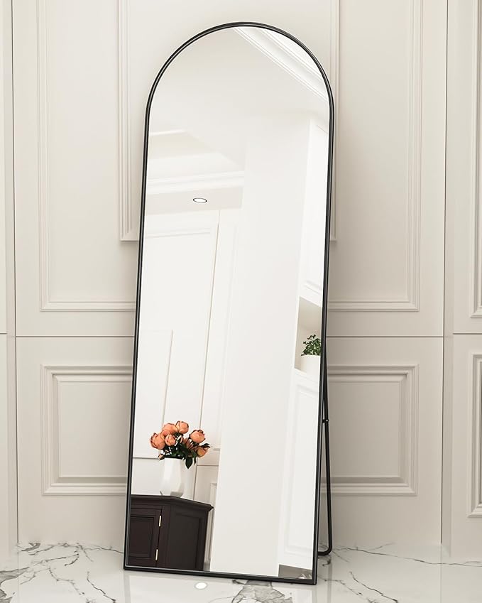 Antok 65" x22” Arched Full Length Floor Mirror, Black Aluminum Frame, Free Standing/Wall Mount/Leaning for Bedroom, Living Room, Dressing Room