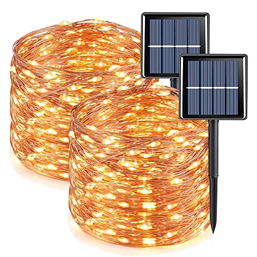 QITONG Warm White Solar Fairy Lights, 2 Pack Each 66ft 200 LED String Lights Outdoor, Silver Wire Solar Christmas Mini Lights - color: Warm White