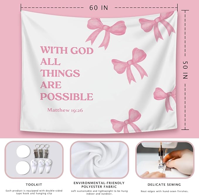 LIANGW Coquette Pink Bow Christian Tapestry Aesthetic, Coquette Preppy Room Decor for Teen Girls & Women, Wall Tapestry for Bedroom, Bible Verses Tapestries Wall Hanging 50x60 inche
