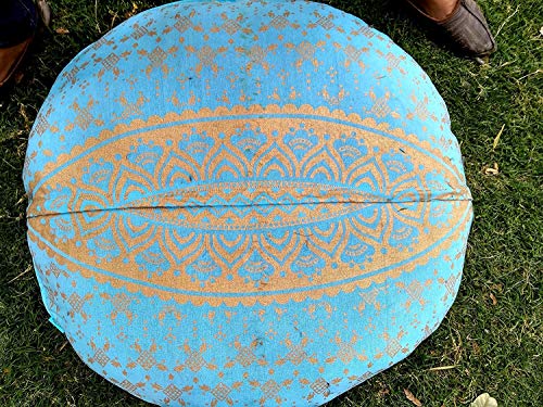 Mandala Barmeri Large Floor Pillow Cover Cushion Meditation Seating Ottoman Throw Cover Hippie Decorative Zipped Bohemian Pouf Ottoman Pom Pom Pillow Cases Black Silver Elephant Flower, 32 inch Round - color: Blue, size: 32" Round