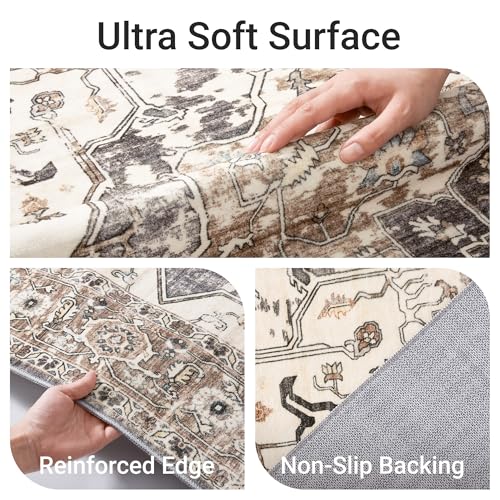 befbee 5x7 Area Rugs for Living Room, Stain Resistant Neutral Washable Rugs for Dining Room, Floral Vintage Non-Slip Thin Large Size Area Rug (Brown/Grey) - color: Brown/Grey-1, size: 5' x 7' (Rectangular)