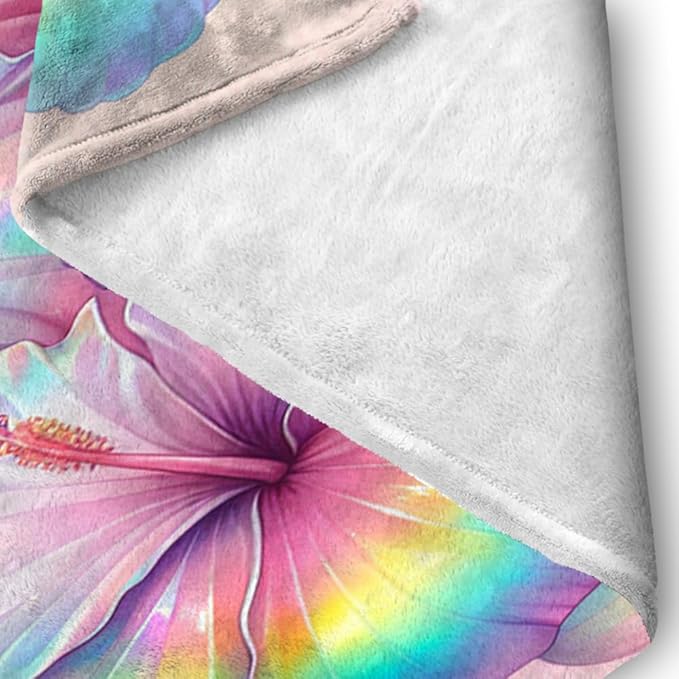 Rainbow Hibiscus Throw Blanket Soft Flannel Fleece Bed Blanket Tropical Flowers Hibiscus Throw Blanket All Season Warm Fuzzy Light Weight Cozy Plush Blankets for Living Room Bedroom 40"x50"