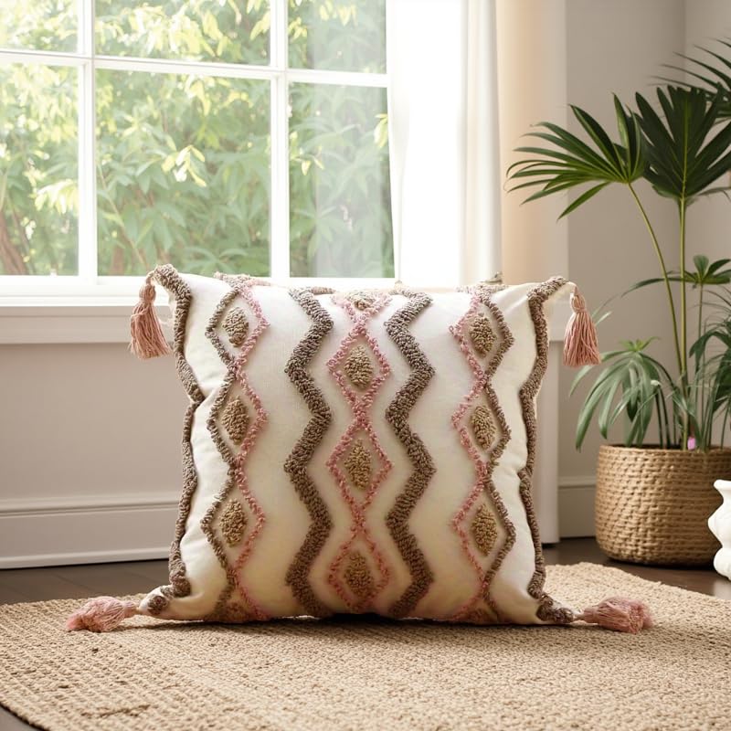 Andreannie Pack of 2 Boho Tufting Throw Pillow Cover Embroidered Textured Cushion Cover with Tassels Soft Home Decororative for Couch Sofa 18x18 inch (Pink, 18x18 inch) - color: Pink