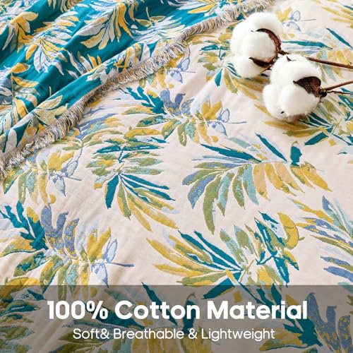 Boho Throw Blanket 60"x80" 100% Cotton Twin Bed Tassel Blanket with Leaf Pattern,Soft Breathable Lightweight Spring Decorative Reversible Blankets for Couch Sofa Decor All Season - color: Leave-cream, size: 60''x80''