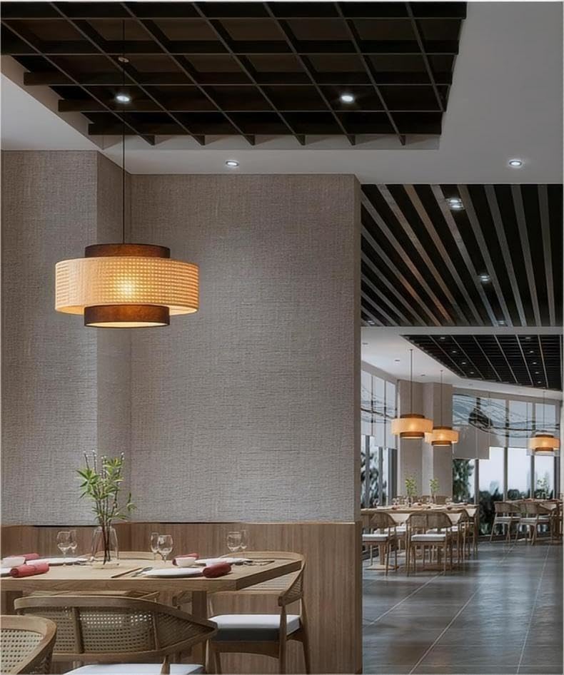 LIGHTLAND Rattan Farmhouse Pendant Light Fixture, Hand Woven Dining Room Pendant Light with Fabric Shade, Rustic Pendant Hanging Light Fixture for Kitchen Island Rattan Pendant Lighting 20'' - color: Style A, 20 Inch
