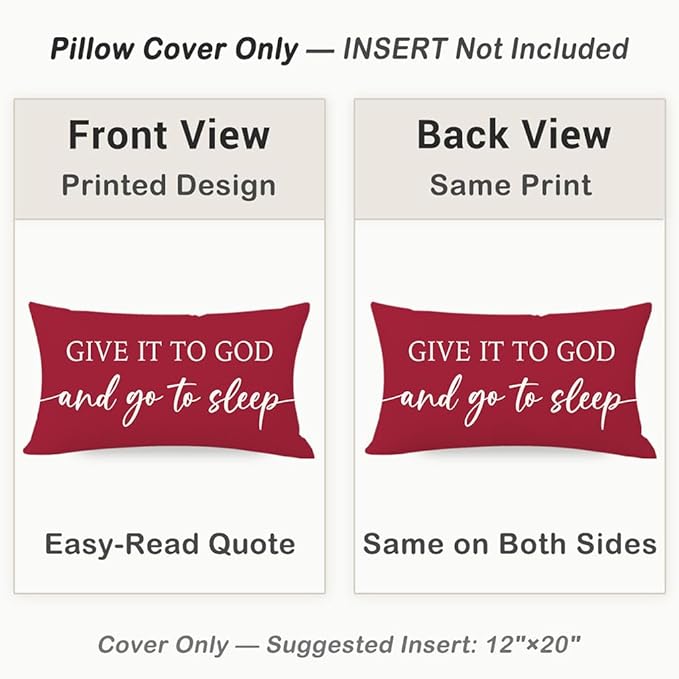 Decorative Throw Pillow Covers 12x20 Inch Set of 2 – Crimson Red Christian Lumbar Pillowcase – Give It to God and Go to Sleep/Relax God’s Got This – Christmas Faith Bedroom Bed Decor