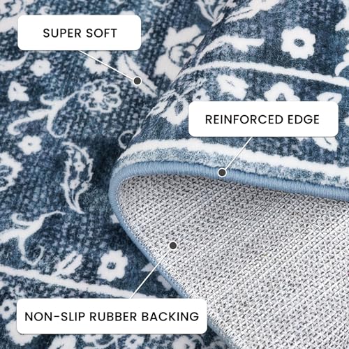 Vintage Entryway Rug Indoor, Navy Washable Rug 2x3, Small Area Rug with Non-Slip Backing, Floral Print Thin Faux Wool Super Soft Door Mat for Kitchen, Entrance, Bedroom, Office - color: Navy and White, size: 2' x 3' (Rectangular)