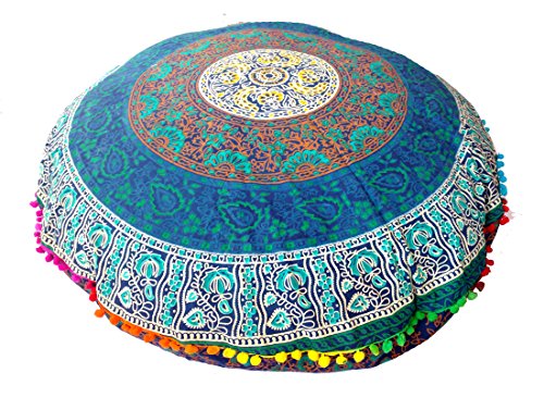 Rastogi Handicrafts 32" COR Mandala Floor Pillow Cushion Seating Throw Cover Bohemian Ottoman Poufs, Pom Pom Pillow Cases,Boho Indian (Dark Blue) - color: Dark Blue