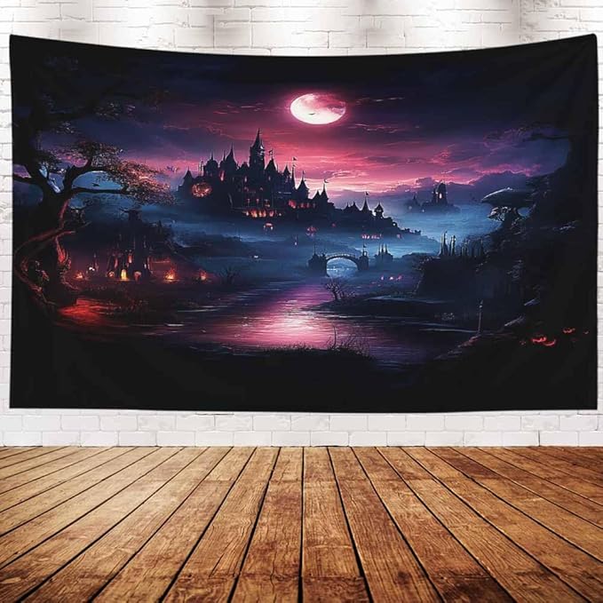EMMTEEY Halloween Tapestry Halloween Castle Red Moon Dark 92.5X70.9 Inch Extra Large Tapestry Wall Art Hanging Tapetries for Bedroom Living Room Dorm Décor