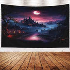 EMMTEEY Halloween Tapestry Halloween Castle Red Moon Dark 60X50 Inch Ceiling Tapestry Wall Art Hanging Tapetries for Bedroom Living Room Dorm Décor