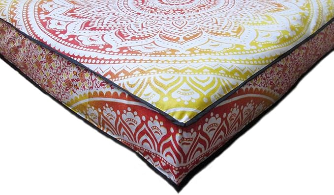 ICC Large Square Floor Pillow Cover Hippie Ottoman Pouf Cover Daybed Cotton Mandala Cushion Cover with Heavy Duty Zipper Seating Ottoman Poufs Dog-Pets Bed (Yellow/ Orange Ombre, 35" Square)