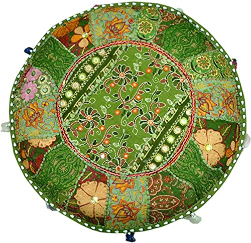 The Harry Creations Decorative Patchwork Comfortable Indian Ottoman Ethnic Cotton Cushion Designs Floor Embroidered Pouf Cover (Emerald, 18"x13") - color: Emerald, size: 18"x13"