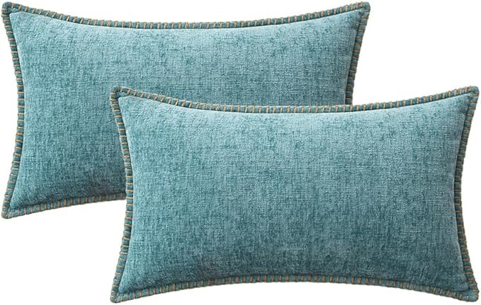 MIULEE Pack of 2 Couch Throw Pillow Covers 12x20 Inch Smoke Blue Farmhouse Decorative Pillow Covers with Stitched Edge Soft Chenille Solid Dyed Spring Pillow Covers for Sofa Bed Living Room
