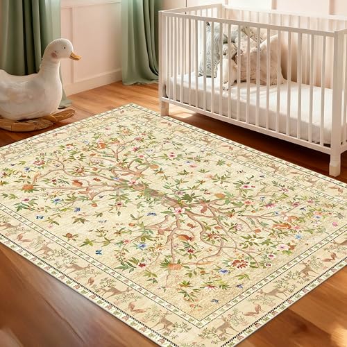 3x5 Area Rug Washable, Non-Slip Small Rug Carpet, Floral Boho Low Pile Soft Throw Rugs for Entryway, Bedroom, Kids Room, Dorm, Office, Nursery, Vintage Home Decor（Beige） - color: Beige, size: 5' x 3' (Rectangular)