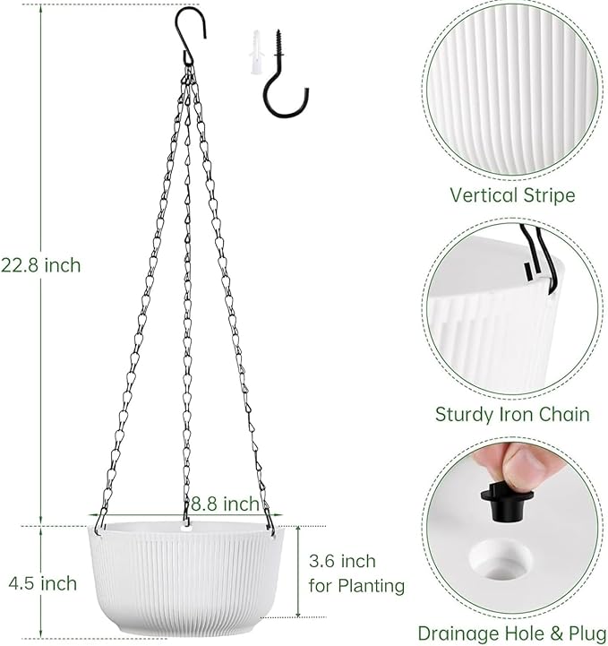 Set of 2 White Hanging Planters for Outdoor Indoor Plants, 8 Inch Self-Watering Hanging Plant Pots with Drainage Hole & Plug (Hooks)