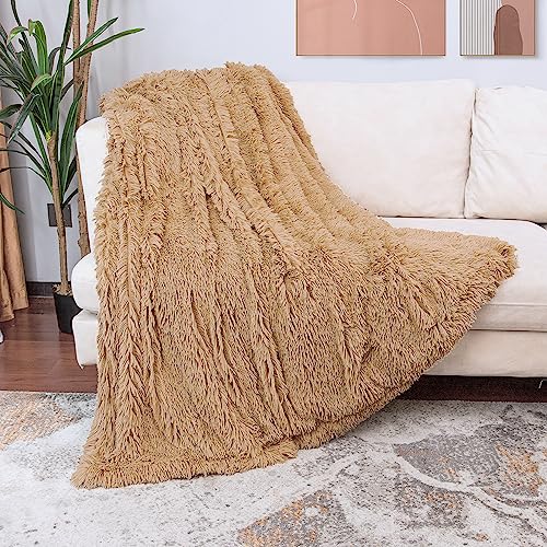 Tuddrom Decorative Extra Soft Faux Fur Blanket Queen Size 80" x 90",Solid Reversible Fuzzy Fluffy Cozy Plush Fleece Comfy Microfiber Fur Blanket for Couch Sofa Bed,Camel - color: Camel, size: Queen-80" x 90"