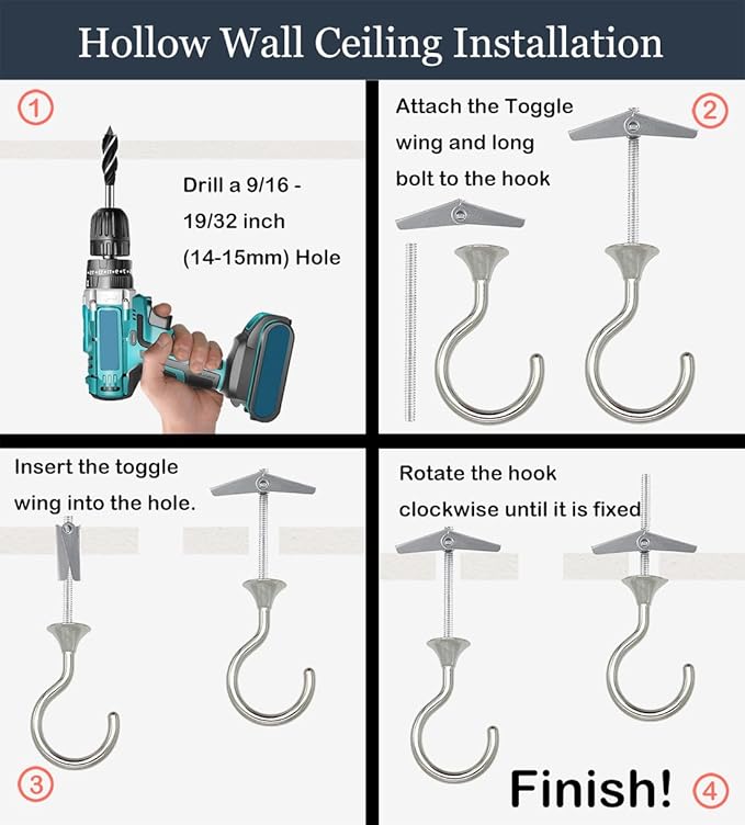 2 Sets Heavy Duty Swag Ceiling Hooks 2.4 Inch, Chrome Finish, Holds Up to 30lbs, for Hanging Plants & Lights, Easy Install on Wood, Concrete & Drywall (Chrome)