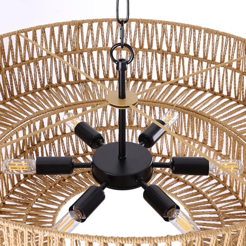 26 Inch Boho Rattan Chandelier, 6-Lights Hand Woven Bohemian Chandeliers with 2-Tier Drum Wicker Shade, Modern Farmhouse Large Pendant Light Fixture for Dining Room Living Entryway Bedroom - color: Black Metal, size: 26 Inch