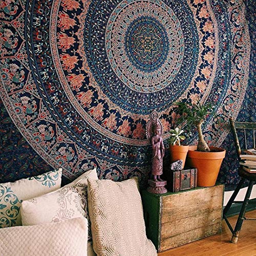 Popular Handicrafts Tapestry Wall Hanging Hippie Mandala Bohemian Hippy Psychedelic Design Indian Magical Thinking Tapestries Bedspread 84x90 Inches,(215x230cm) Navy Blue - size: 90"L x 84"W