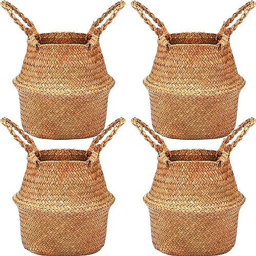 Qunclay 4 Pcs Woven Seagrass Baskets Belly Basket Folding Boho Natural Plant Pot with Handles Round Decorative Wicker Large Indoor Planter for Home Outdoor Tree Planters Decor (S,8.7''dx7.9''h) - size: S,8.7''Dx7.9''H