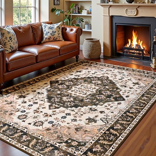 Amearea Vintage Design Area Rugs for Living Room, 4x6 Machine Washable Floral Collection Traditional Bedroom Rug, Low Pile Cute Kids Room Print Carpet, No Slip Office Kitchen Home Decor, Brown - color: Brown, size: 4' X 6' (Rectangular)